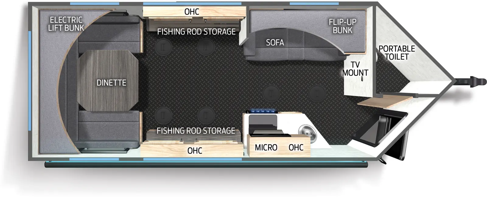 The Grey Wolf 16GR floorplan has one entry and zero slide outs. Exterior features include: metal exterior and 16' (Optional) awning. Interiors features include: bunk beds and u-dinette.
